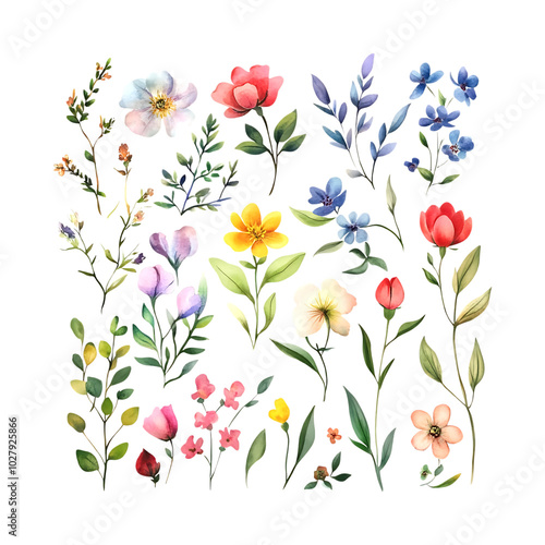 Wallpaper Mural DIY watercolor floral set with diverse flowers and green leaves for wedding invites Torontodigital.ca
