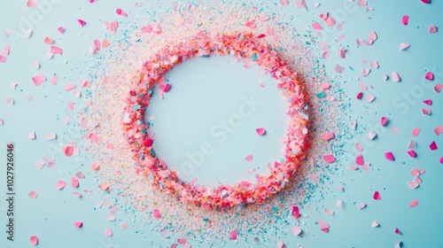 Confetti wreath forming a circular shape against a pastel background, creating a festive and playful design photo