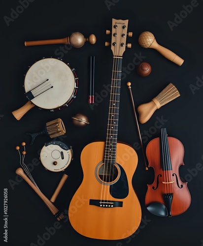Vintage Musical Instruments Collection on Dark Background - Cultural Diversity Concept
