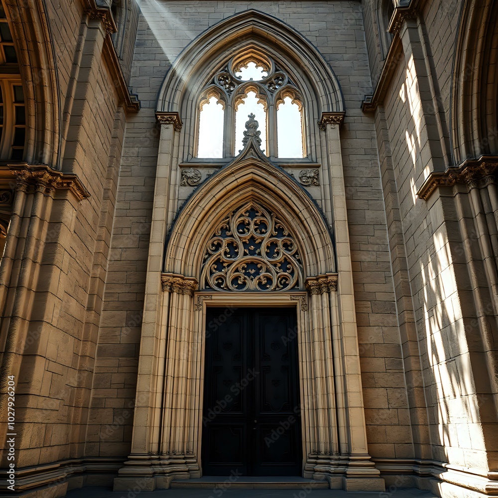 Obraz premium Historic Cathedral Interior with Ornate Doorway & Stained Glass Windows
