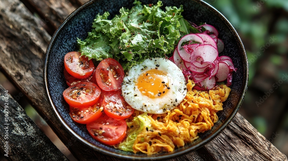 Fresh salad bowl featuring tomatoes, radishes, herbs, fried egg, and scrambled vegetables on wooden surface Fresh salad bowl featuring tomatoes, radishes, herbs, fried egg, and scrambled vegetables on wooden surface