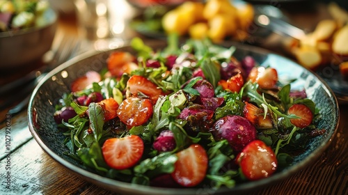 Fresh arugula and strawberry salad served in a rustic bowl on a wooden table during a cozy midday gathering