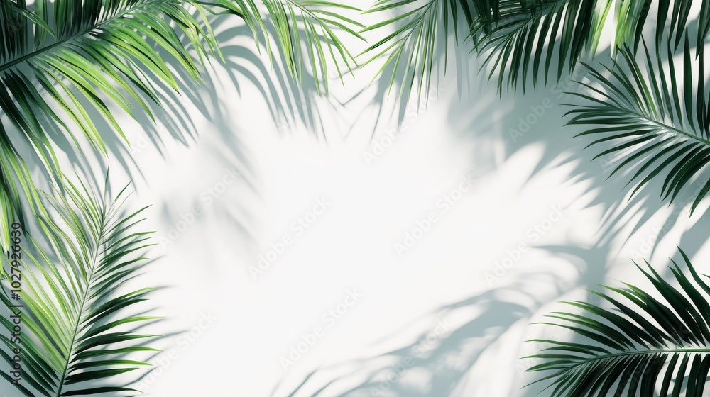 Green palm leaves with shadows on a white background, tropical plants, a palm tree leaf frame with copy space. Green palm leaves with shadows on a white background, tropical plants, a palm tree leaf frame with copy space.