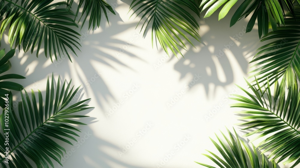 Green palm leaves with shadows on a white background, tropical plants, a palm tree leaf frame with copy space. Green palm leaves with shadows on a white background, tropical plants, a palm tree leaf frame with copy space.