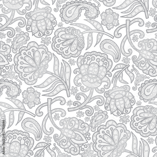 Boho, swirl flowers, paisley pattern, white and grey colours. Seamless floral pattern-437.
