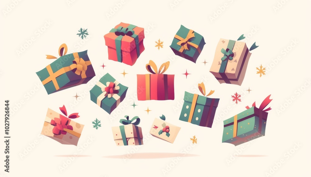 Festive Flat Illustration of Colorful Gift Boxes Floating in the Air, Perfect for Holiday Marketing Materials.
Festive Flat Illustration of Colorful Gift Boxes Floating in the Air, Perfect for Holiday Marketing Materials.