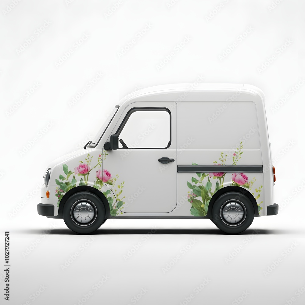 White delivery van with floral decorations, featuring pastel pink flowers on the side and a bouquet on the roof, set against a solid white background, ideal for floral delivery, eco-friendly vehicles, White delivery van with floral decorations, featuring pastel pink flowers on the side and a bouquet on the roof, set against a solid white background, ideal for floral delivery, eco-friendly vehicles,