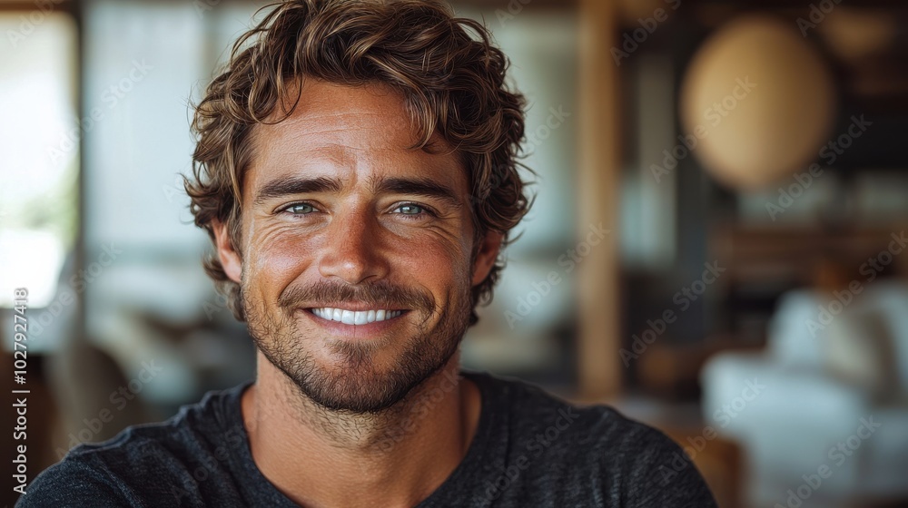 Smiling man with wavy hair sitting in a cozy indoor setting during daylight hours Smiling man with wavy hair sitting in a cozy indoor setting during daylight hours