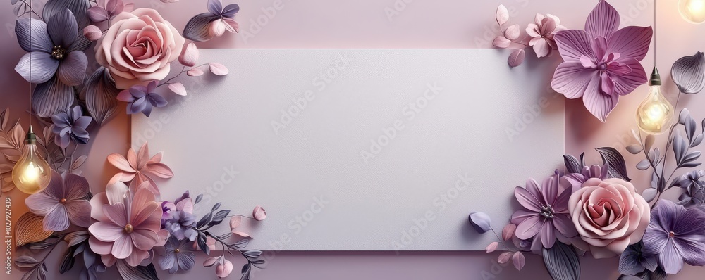 Elegant 3D floral frame with purple roses and pink flowers under warm lights on a soothing lavender background Elegant 3D floral frame with purple roses and pink flowers under warm lights on a soothing lavender background