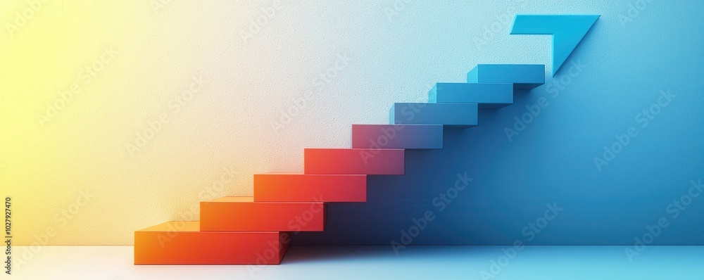 3D illustration of an upward pointing staircase transitioning from warm to cool tones symbolizing growth and progress 3D illustration of an upward pointing staircase transitioning from warm to cool tones symbolizing growth and progress