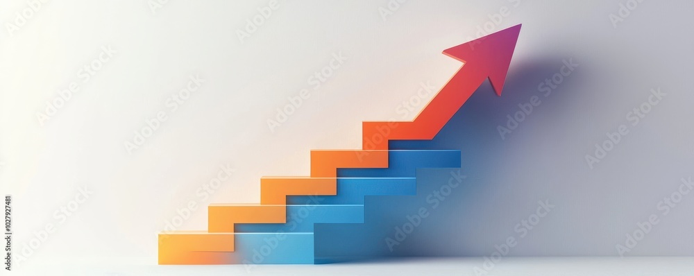 3D illustration of an upward pointing arrow on steps symbolizing success and growth 3D illustration of an upward pointing arrow on steps symbolizing success and growth