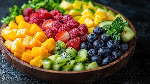 A vibrant fruit platter filled with fresh berries, tropical fruits, and mint arranged artistically in a wooden bowl photo