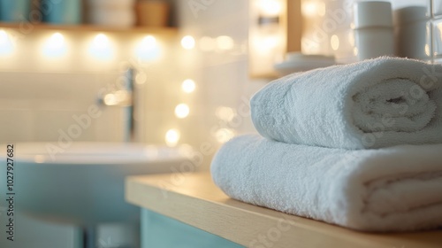 Stylish stack of towels on a wooden shelf in a modern bathroom.