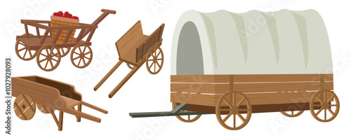 Set of wooden wagons and carts in cartoon style. Vector illustration of a large wagon with a semicircular roof, a cart with wheels, a basket with red apples isolated on a white background. Wild west.