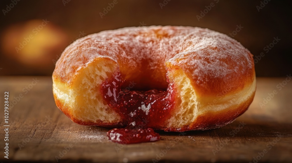A donut with a surprise filling, oozing strawberry jam as it bitten into. A donut with a surprise filling, oozing strawberry jam as it bitten into.