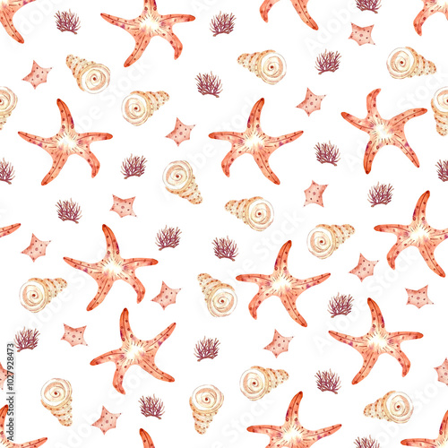 Watercolor seamless pattern underwater life  with  starfish, corals and seashell. Fairy tale festive and cheerful background.  Texture for wrapping paper, fabrics, decor, banners, cover.