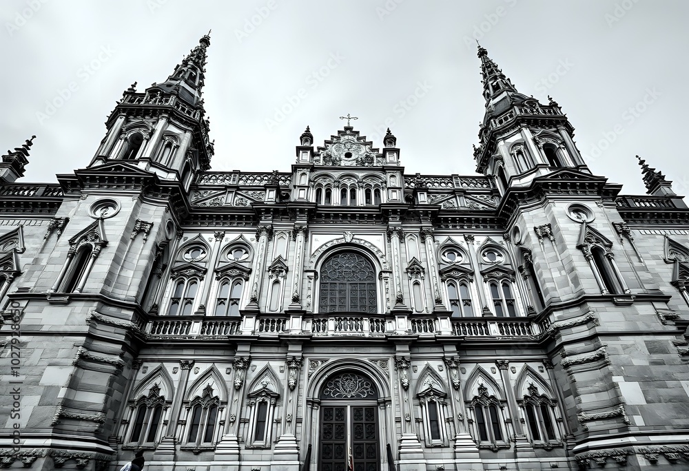 Majestic Ornate Building with Stone Facade and Spires Reaching Sky, Low Angle Shot Majestic Ornate Building with Stone Facade and Spires Reaching Sky, Low Angle Shot