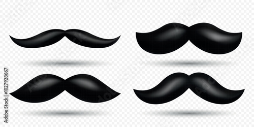 3D Vector Black Mustache Set. Realistic Volumetric Mustaches, Isolated. Black Mustache Design Templates for Logos, Icons, Decorations, Branding