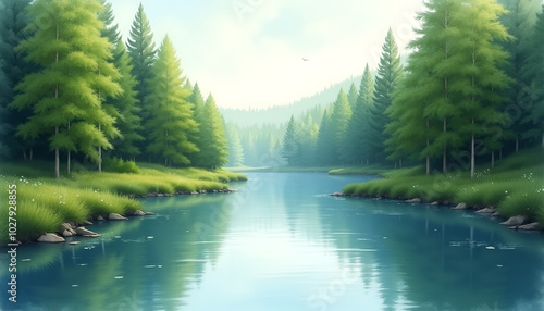 Scenic peaceful landscape with a river and lush green trees in soft lighting