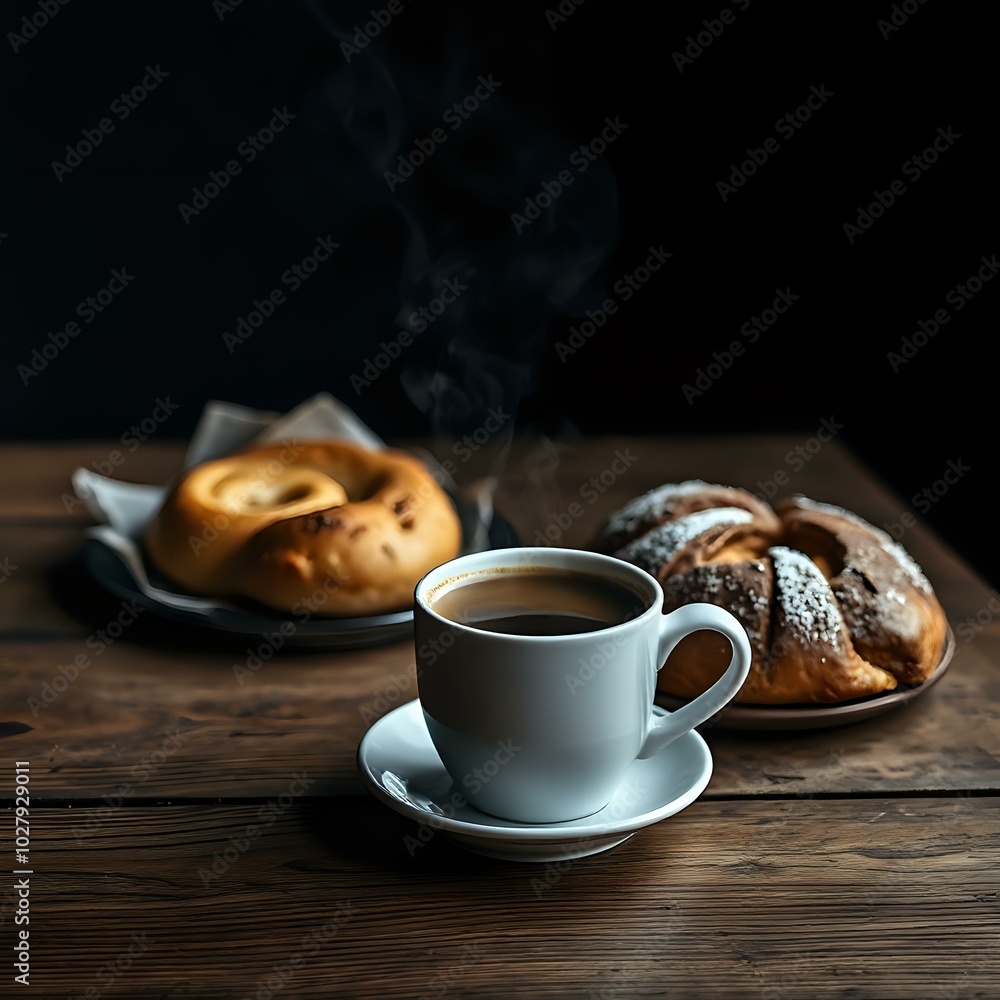 Cozy Morning Breakfast Scene with Steaming Coffee and Pastries Cozy Morning Breakfast Scene with Steaming Coffee and Pastries