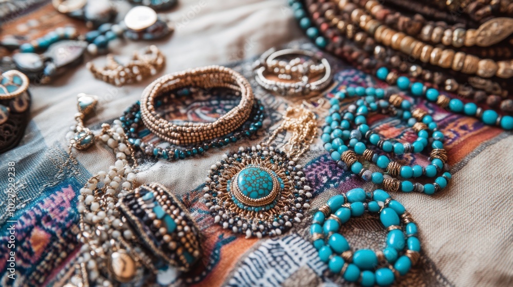 A flat-lay of bohemian-style jewelry, including turquoise rings and beaded necklaces, arranged on fabric. A flat-lay of bohemian-style jewelry, including turquoise rings and beaded necklaces, arranged on fabric.