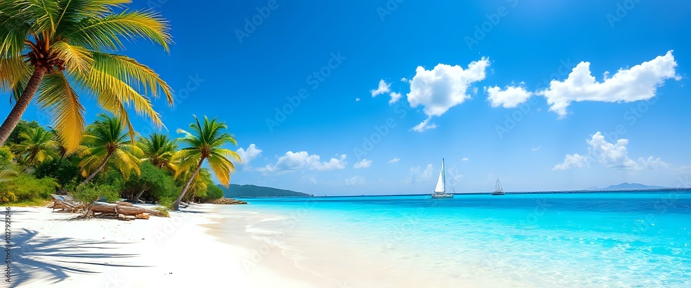 Fototapeta premium Serene Tropical Beach Scene with Palm Trees and Sailboat at Sunset
