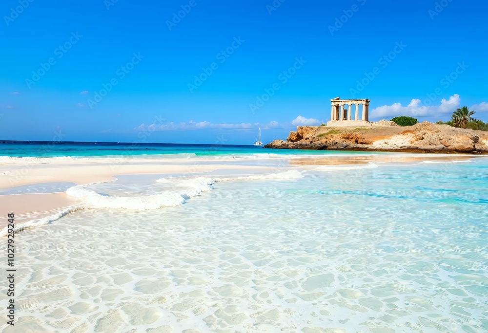 Serene Beach with Ancient Temple at Sunset Serene Beach with Ancient Temple at Sunset
