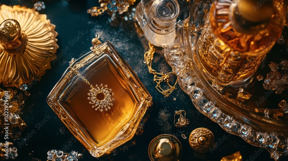 A flat-lay of gold jewelry paired with luxury perfume bottles, creating a glamorous scene.