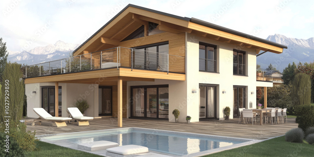 Modern house with a pool and deck, set against a mountain backdrop. Modern house with a pool and deck, set against a mountain backdrop.