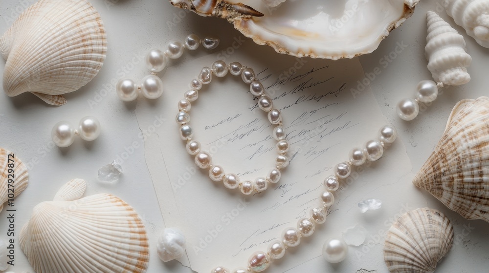 A flat-lay of pearl jewelry, seashells, and a handwritten note, capturing a dreamy, seaside mood. A flat-lay of pearl jewelry, seashells, and a handwritten note, capturing a dreamy, seaside mood.