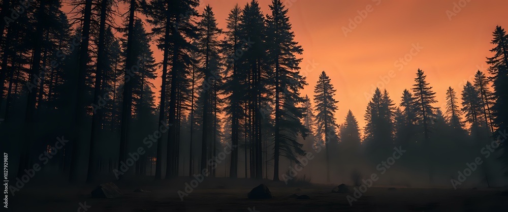 Serene Sunset Forest Scene with Towering Trees, Warm Golden Light Serene Sunset Forest Scene with Towering Trees, Warm Golden Light