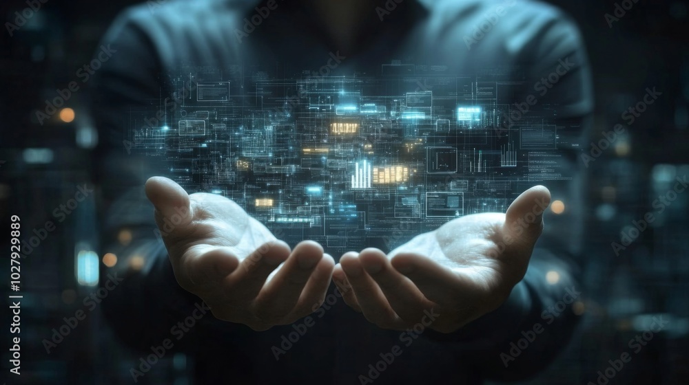 Futuristic Digital Interface in Hands Futuristic Digital Interface in Hands