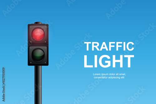 Vector Realistic Traffic Light with Red Light On. Pedestrian Signal in Focus. Traffic Light Illustration Against a Clear Blue Sky Background