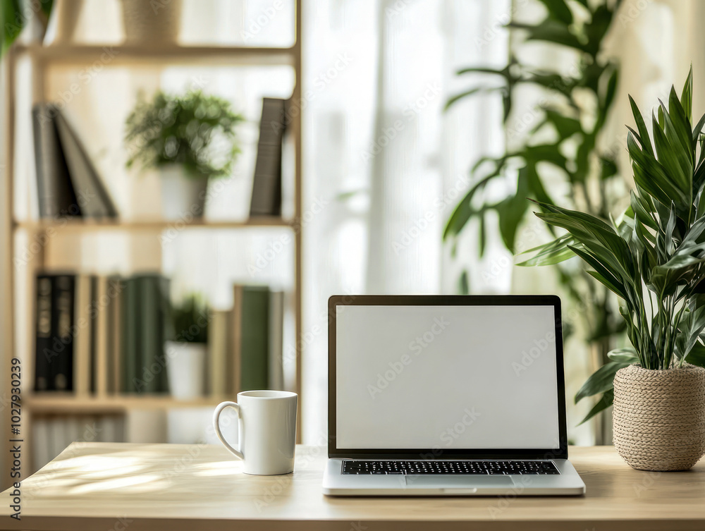 Home office desk with laptop, plants, and coffee mug Home office desk with laptop, plants, and coffee mug
