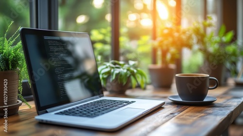 Laptop with Code and Coffee in Sunlit Workspace