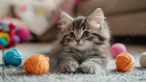 A fluffy kitten playing with a ball of yarn, surrounded by colorful toys in a cozy living room.