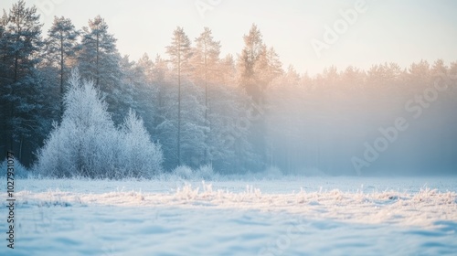 Sunlight breaking through snowy trees in a frosty forest on a crisp winter morning. Great for holiday designs.