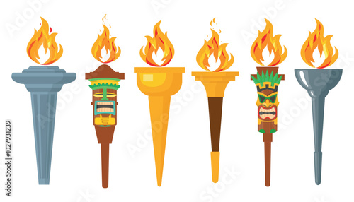 Set of beautiful torches in cartoon style.Vector illustration of ancient, tribal torches, tiki masks, with sticks of different shapes and bright fire isolated on white background.Torches for lighting.