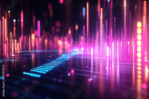 Vibrant bar chart on a futuristic background, neon colors, data visualization