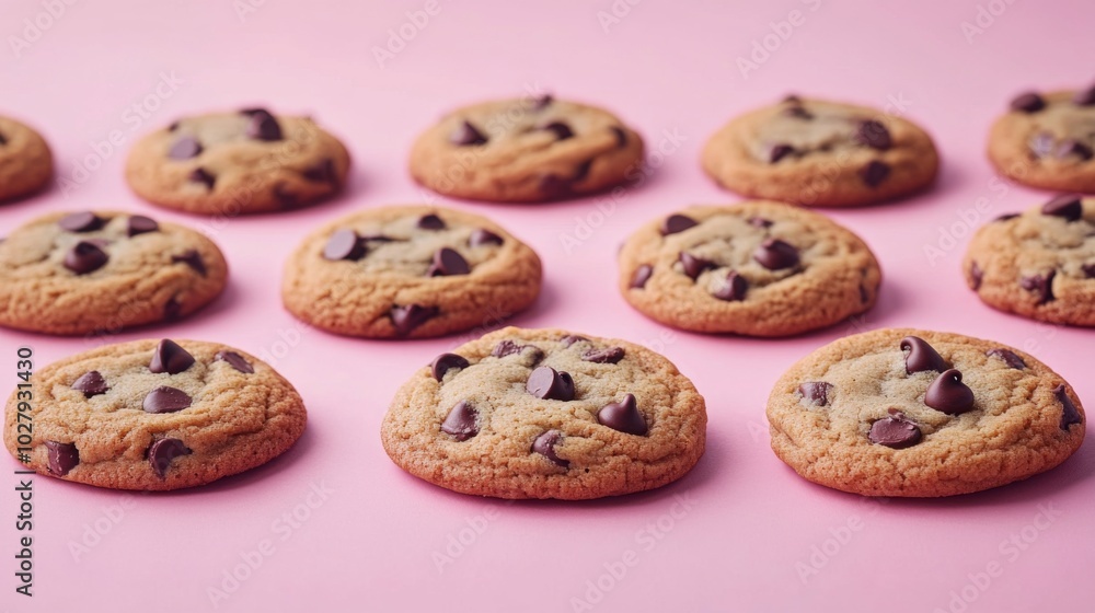 Chocolate Chip Cookies on Pink Background Chocolate Chip Cookies on Pink Background