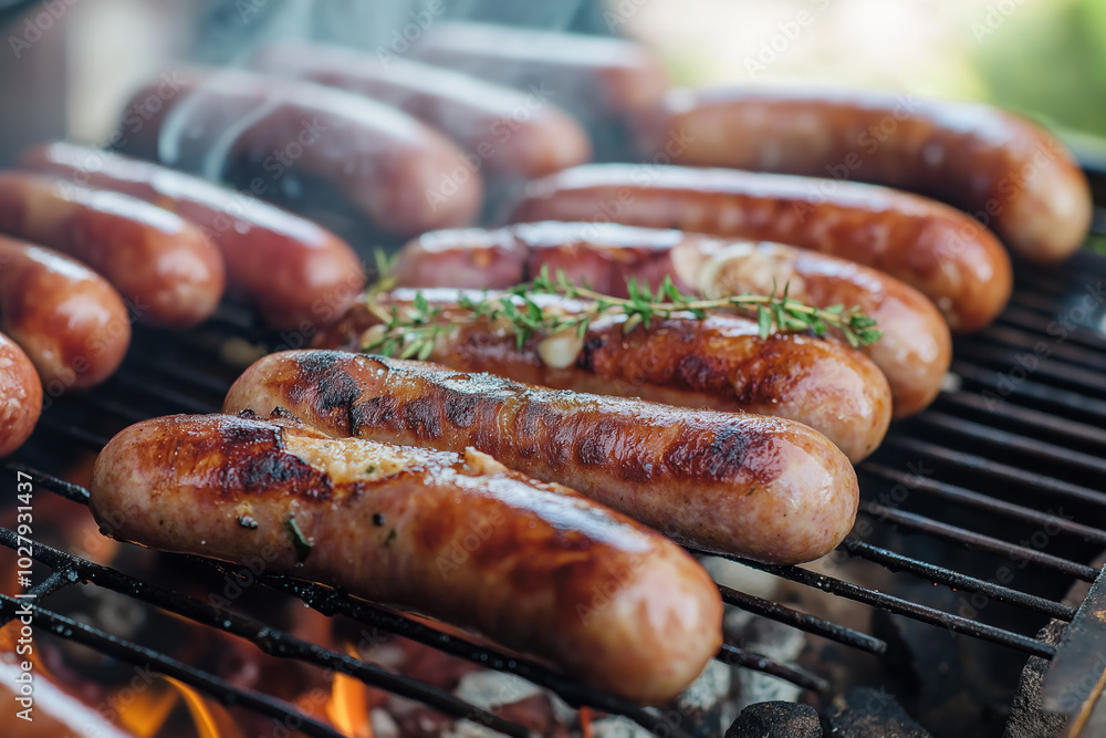 Sausages grilling on a barbecue with fresh herbs, sizzling over an open flame. Concept of outdoor cooking, summer barbecue, and delicious grilled food Sausages grilling on a barbecue with fresh herbs, sizzling over an open flame. Concept of outdoor cooking, summer barbecue, and delicious grilled food