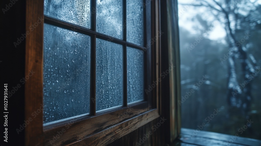 A foggy window in a cozy cabin, with condensation dripping down the glass on a rainy day. A foggy window in a cozy cabin, with condensation dripping down the glass on a rainy day.