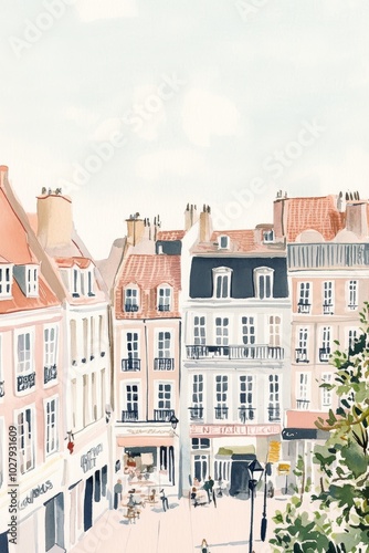 Gouache Illustration of a Sunny Morning in Cannes with a Soft Pastel Colour Palette, Vintage Vogue Style Generative AI