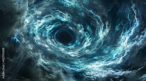 Giant black hole is warping spacetime and sucking in swirling clouds of turquoise and blue gas photo