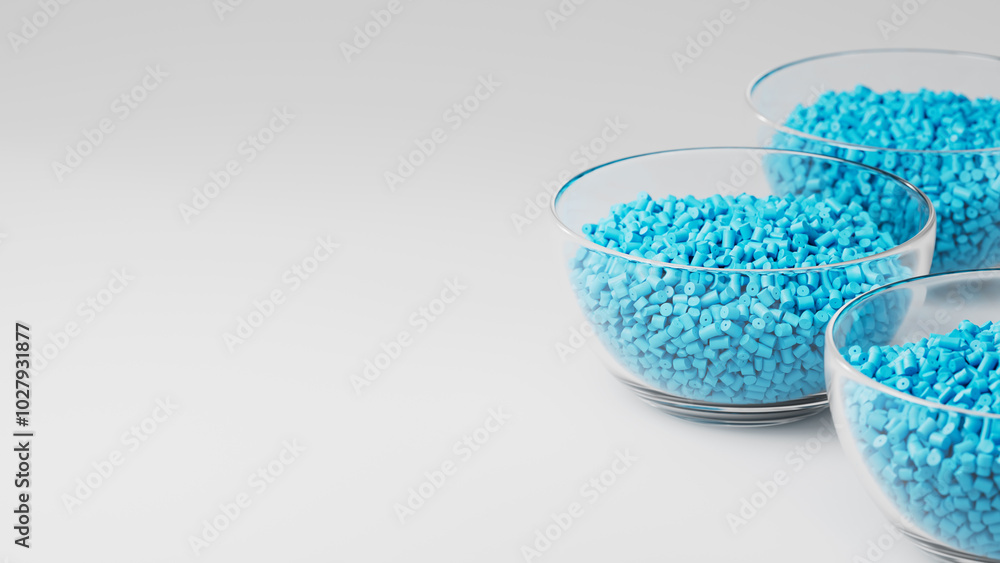 Glass cups with cyan plastic polypropylene granules, masterbatch polymer grain, on white backdrop. HDPE or PVC resin pellets. 3d render illustration Glass cups with cyan plastic polypropylene granules, masterbatch polymer grain, on white backdrop. HDPE or PVC resin pellets. 3d render illustration