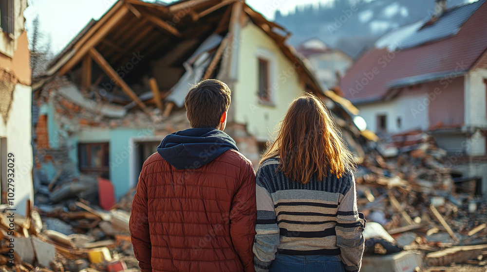 Fototapeta premium Unhappy individuals observing a destroyed house after an earthquake, expressing despair and tragedy.