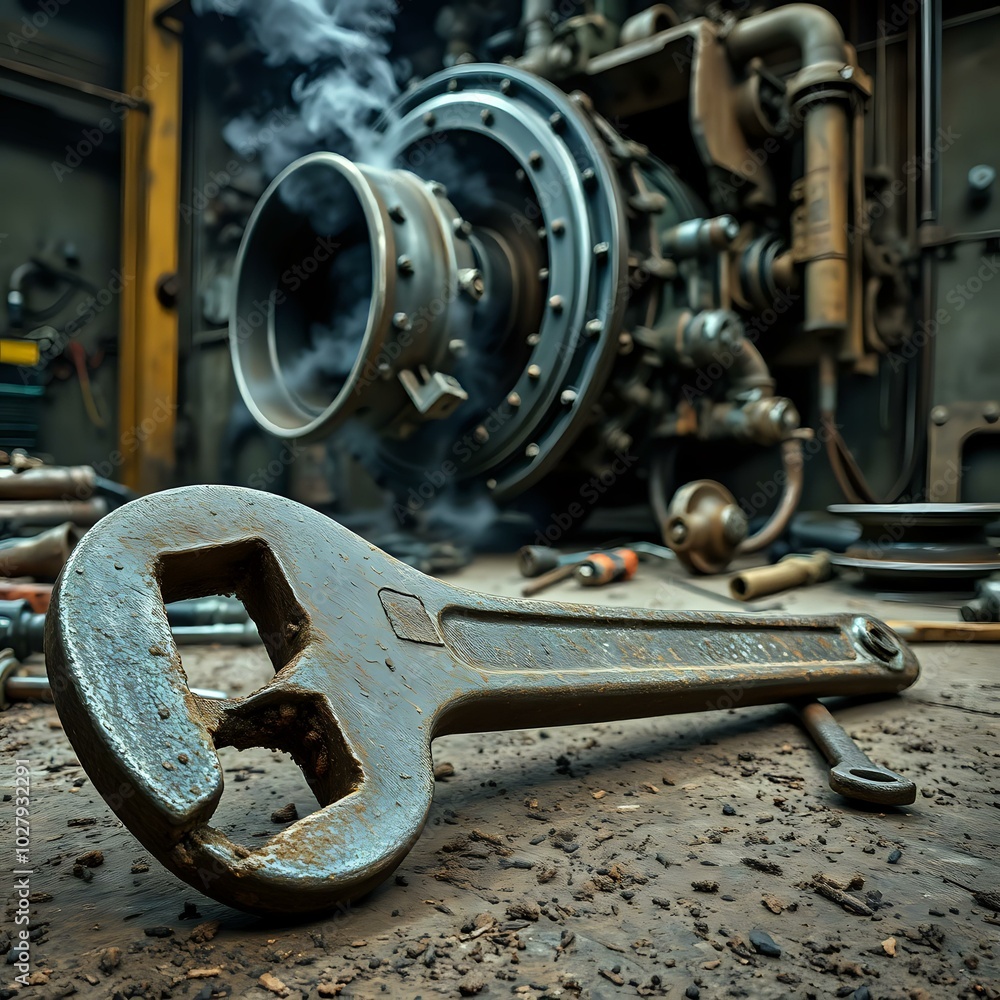 Rusted Industrial Wrench in Abandoned Machinery Yard, Desolate Landscape with Focus on Tool Rusted Industrial Wrench in Abandoned Machinery Yard, Desolate Landscape with Focus on Tool
