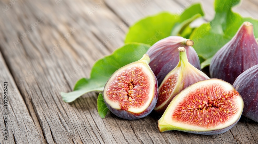 Fresh figs on an aged wooden table showcase their vibrant purple interiors, with some cut in half, emphasizing the nutritional benefits of this delicious fruit.