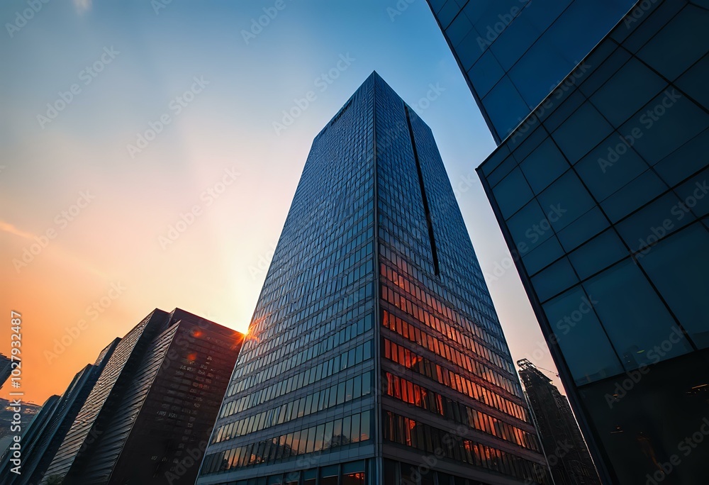 Obraz premium Towering Skyscraper at Sunset: Glass and Steel Cityscape