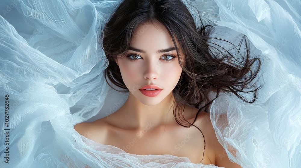 Ethereal Portrait of a Serene Woman in Soft Fabric Ethereal Portrait of a Serene Woman in Soft Fabric
